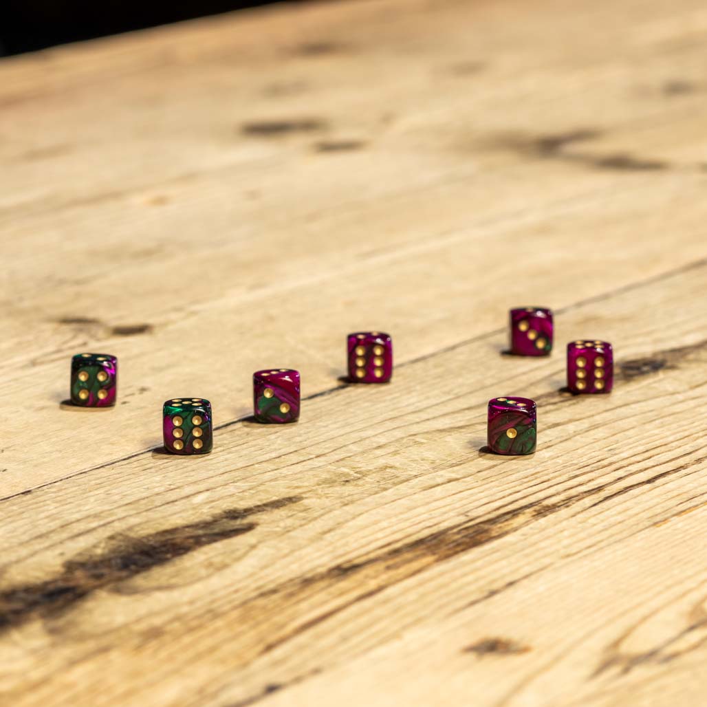 Chessex #26834 - Gemini Green-Purple / Gold d6 (36ct)