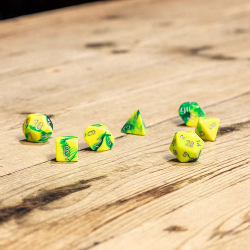 Chessex #26454 - Gemini Green-Yellow / Silver Polyhedral (7ct)